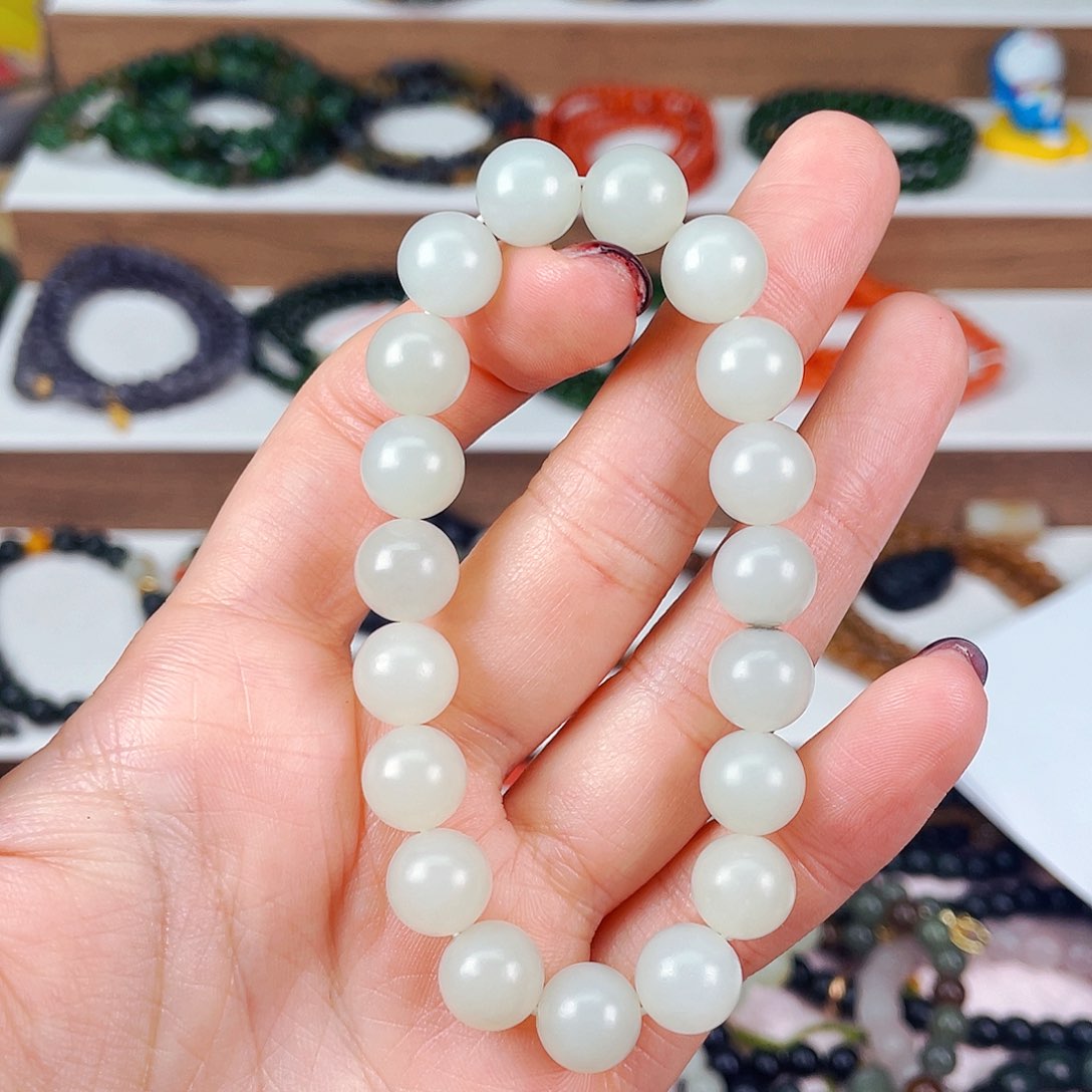 和田玉10mm白玉山流水裸串未镶嵌