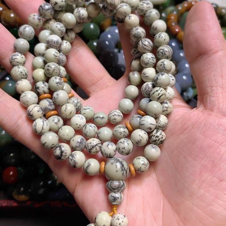 和田玉河磨玉浆料带草花卡8圆珠108粒手串多圈毛衣链