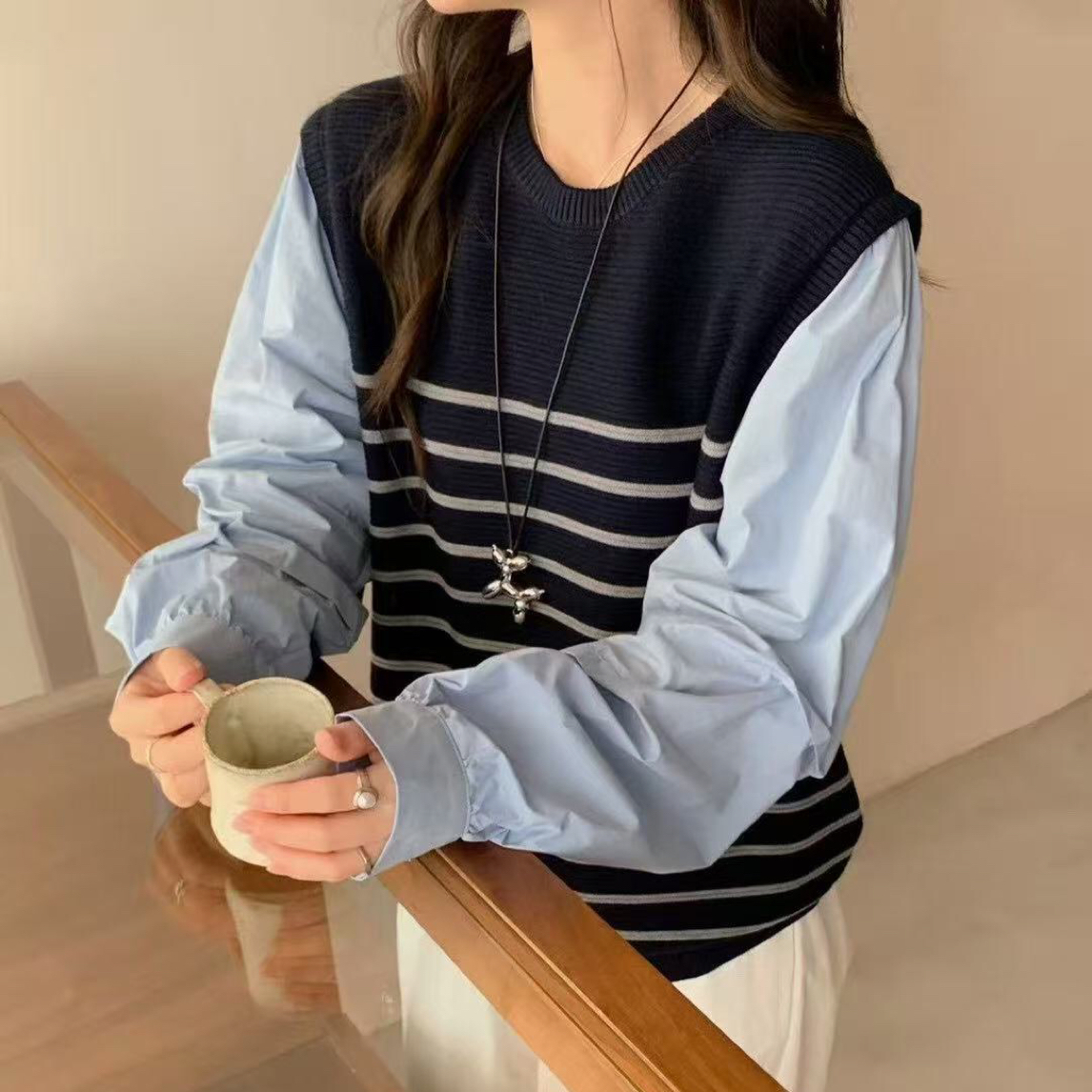 假两件拼接条纹针织衫女秋季时尚减龄叠穿衬衫上衣