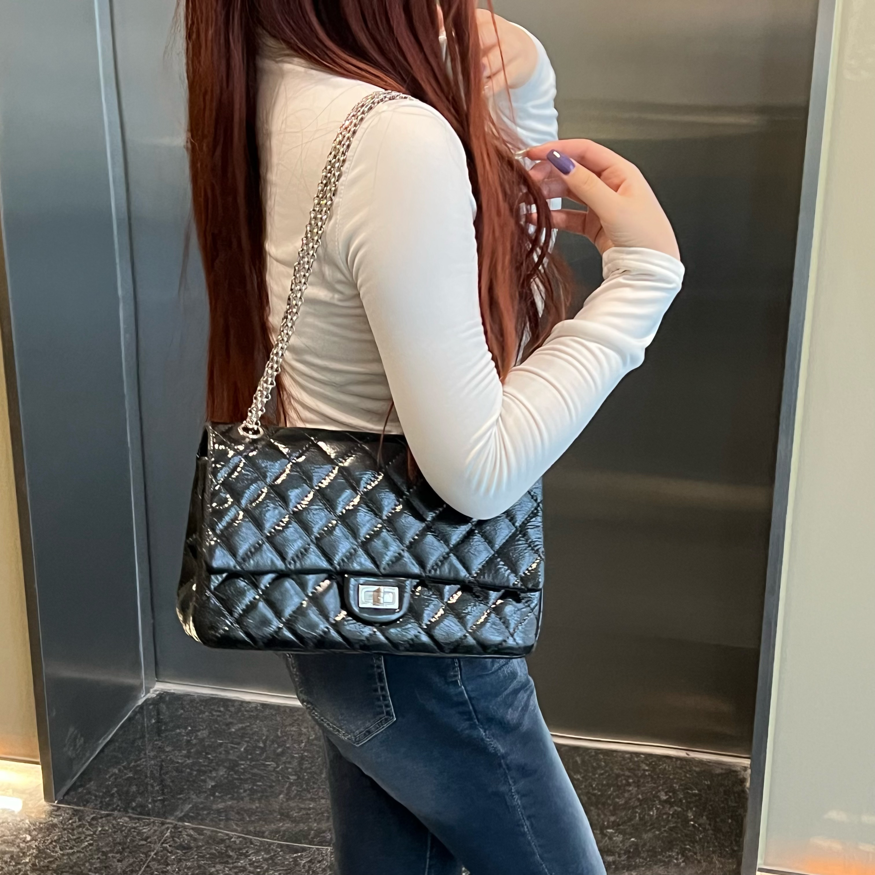 95新 Chanel/香奈儿 黑银漆皮香奈儿