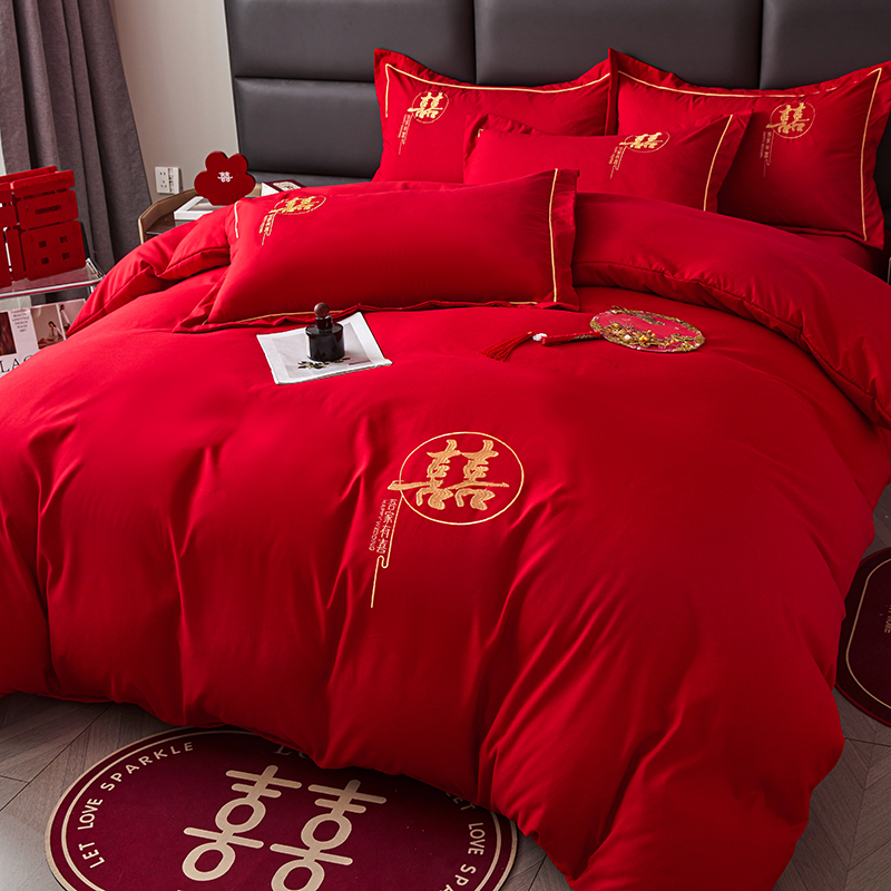 大红色被套单件婚庆结婚被罩双人新婚四件套女方陪嫁办喜事红被单