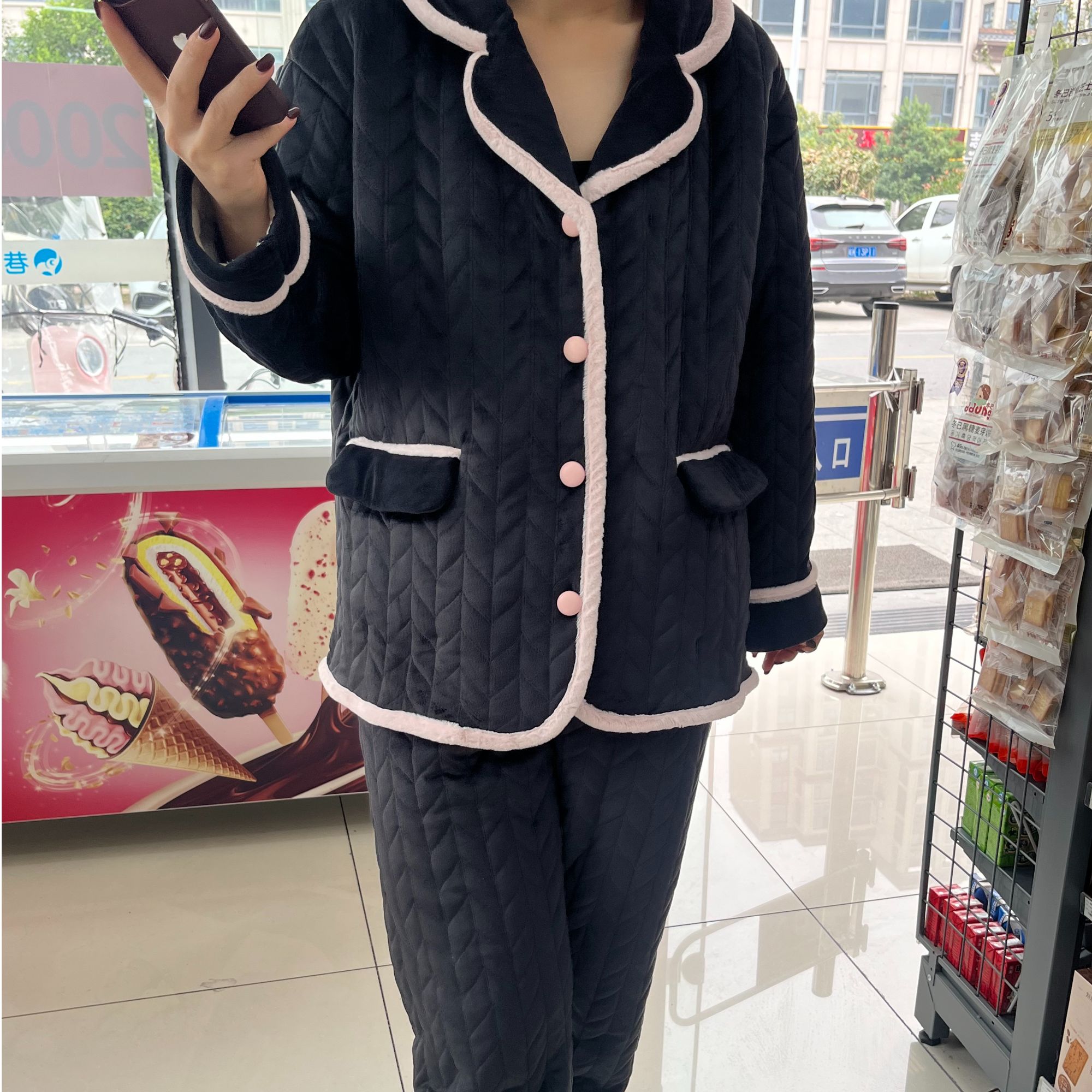 原创 西装领三层夹棉加绒外穿家居服套装保暖