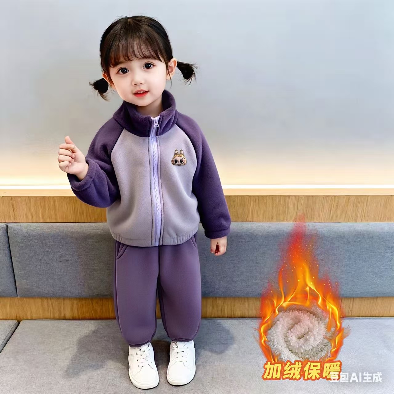 儿童加绒加厚保暖套装男女宝宝新款拉链加绒衣服秋冬款