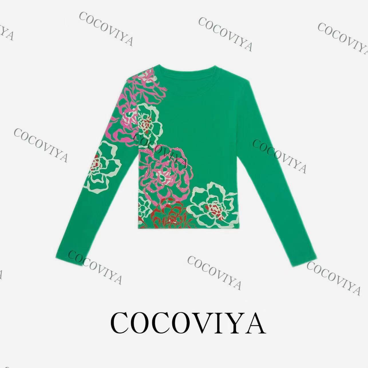 COCOVIYA【C】2025多彩牡丹绽放个性长袖T恤遮肉显瘦上衣26C-891