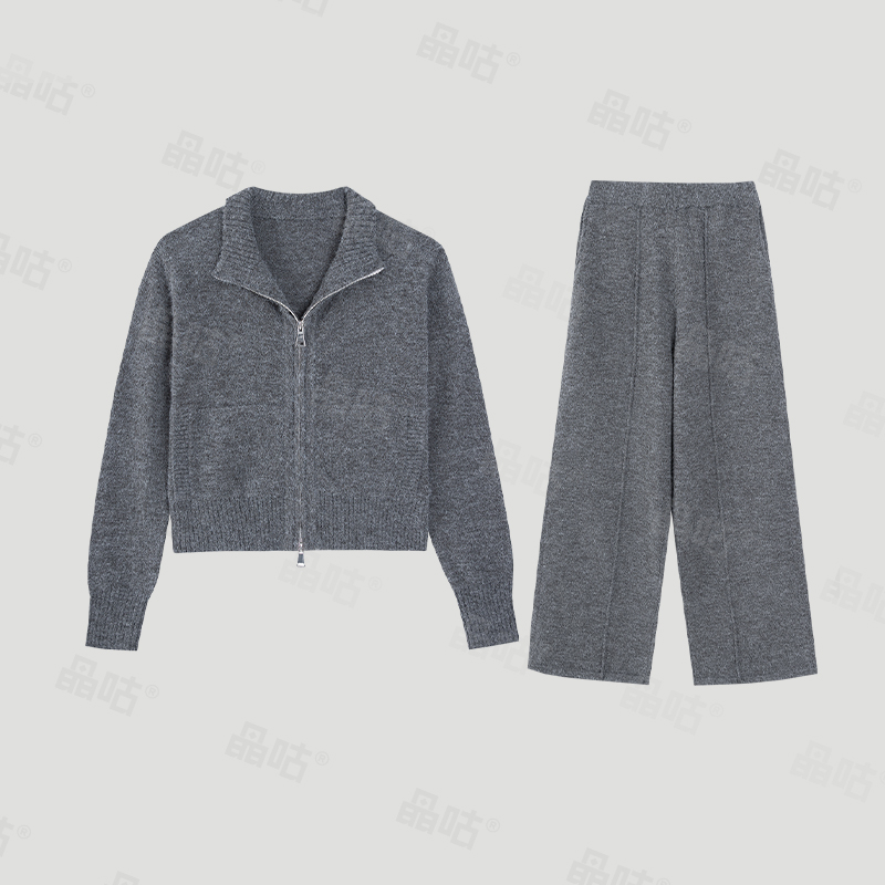 晶咕老钱风时尚运动套装短款拉链毛衣外套+阔腿针织裤JG22250209