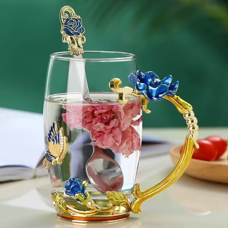 轻奢蓝色蝴蝶珐琅玻璃杯加勺子透明水晶茶杯早餐咖家用新款豪华