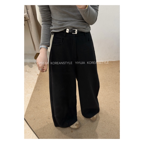 ENEN"过冬裤"韩系复古高腰显瘦加绒加厚毛呢宽松直筒裤