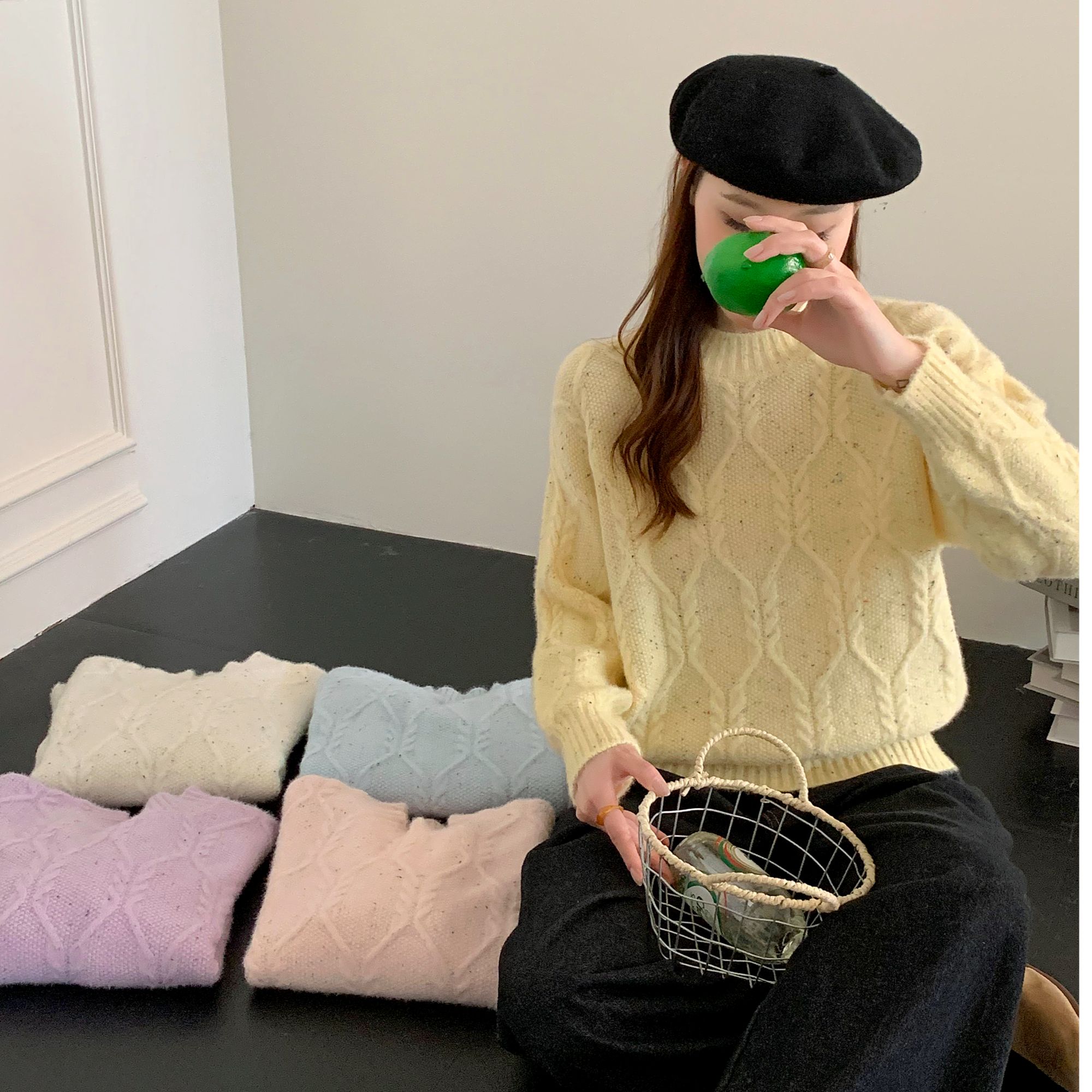 温柔内搭软糯柔软百搭多巴胺彩色套头毛衣菱形绞花圆领针织半高领