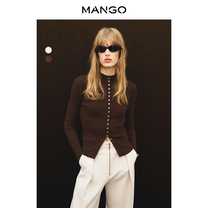 MANGO女装毛针织衫2025秋装新款半高领系扣羊毛混纺修身开襟毛衣