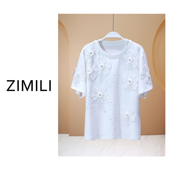 【亮哥女装】2025欧版慵懒随意风白色立体拼花烫钻休闲短袖8055-C4