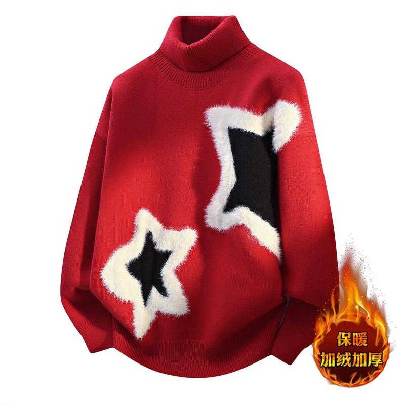 冬季潮流拼色高领毛衣男加绒保暖柔软拼色字母百搭男士韩版洋气