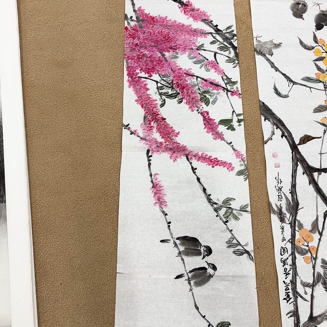 国画师亚兰四尺对开花鸟朱