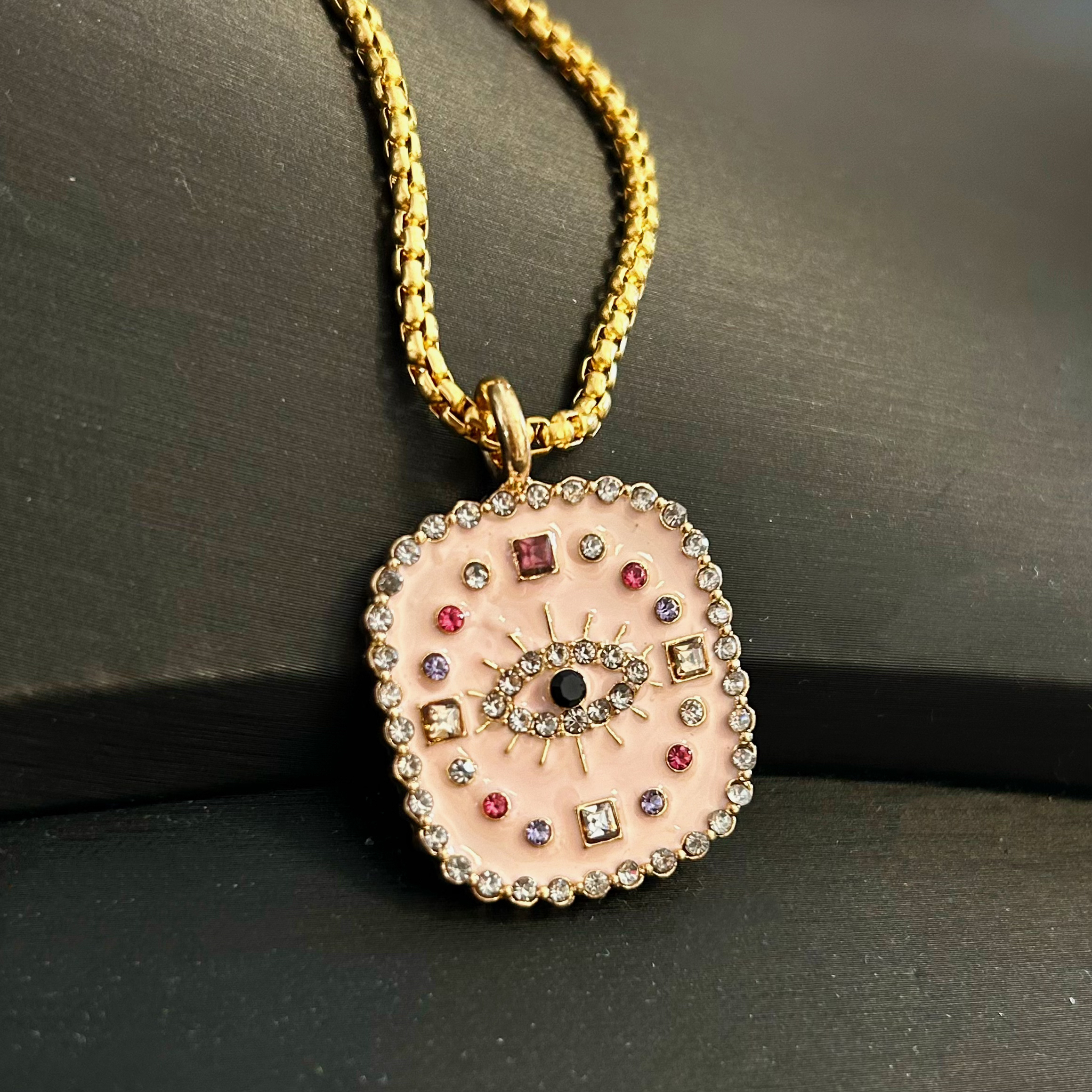 钛钢珐琅项链 高颜值恶魔之眼珐琅粉色滴油锁骨项链