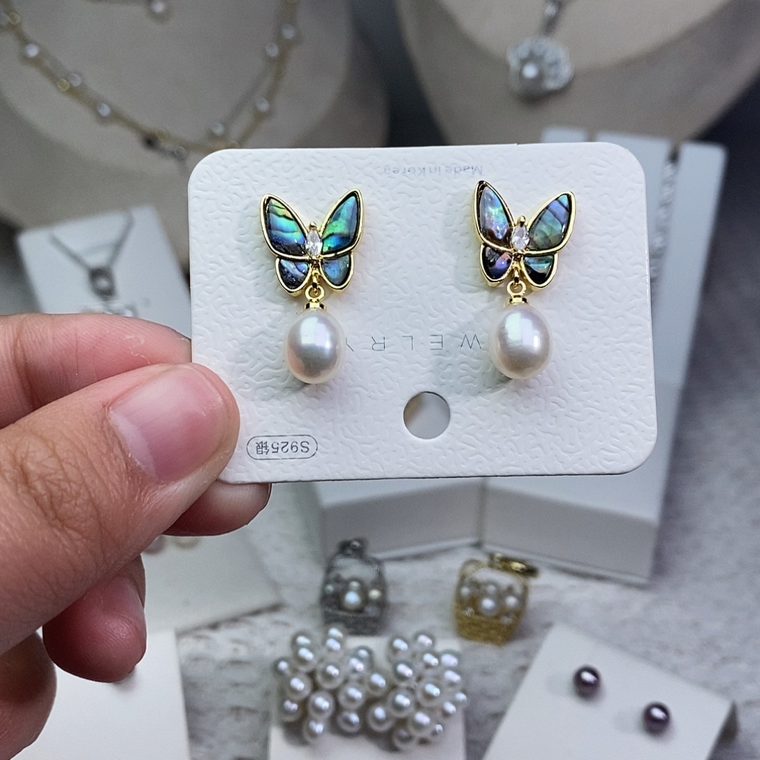 耳饰银S925镶嵌淡水珍珠