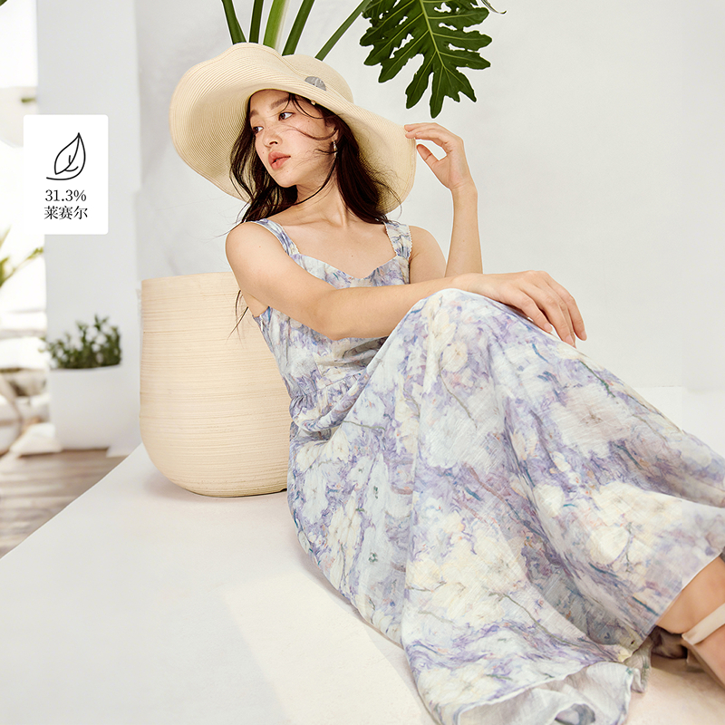 茵曼26春季新款莱赛尔晕染印花吊带连衣裙显瘦无袖吊带裙