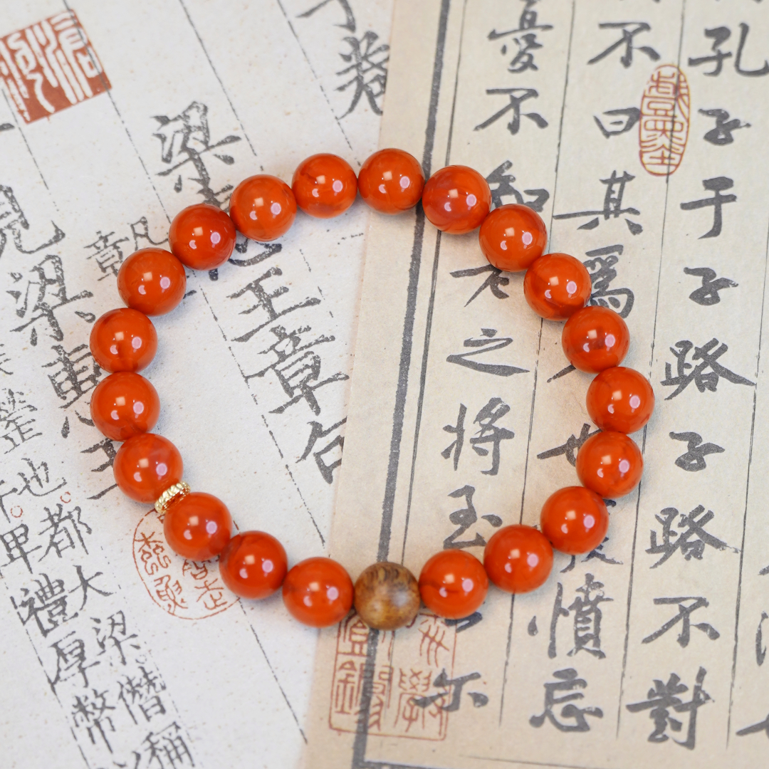  孤品 南红 玛瑙 火焰纹手串 奇楠沉香顶珠10-11mmSNH10078