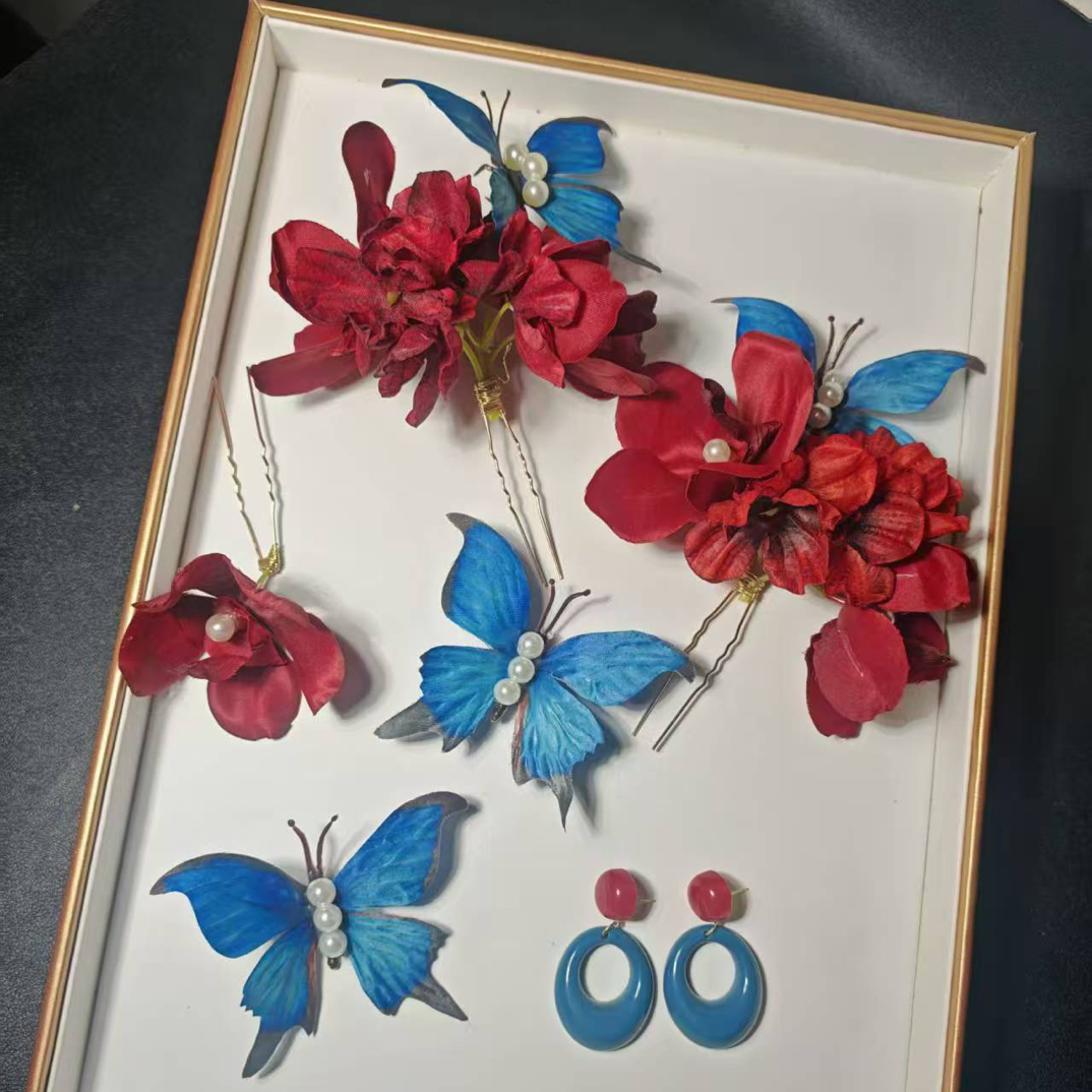 新款新中式红色蝴蝶花朵发饰新娘0876