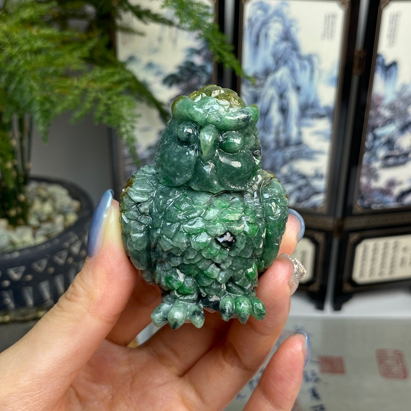 毛货  黄加绿猫头鹰摆件手把件 天然翡翠A货 