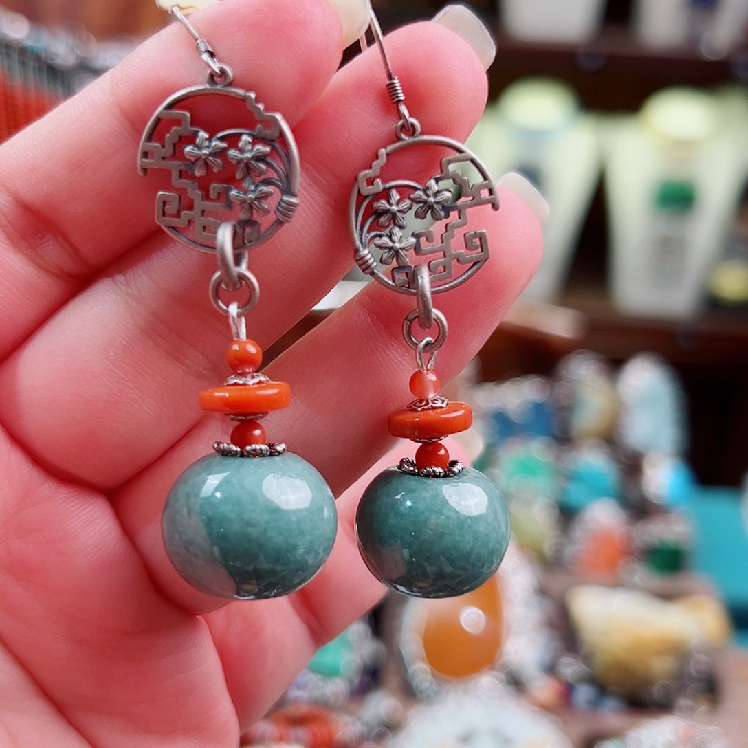 翡翠银S925镶嵌挂件耳环