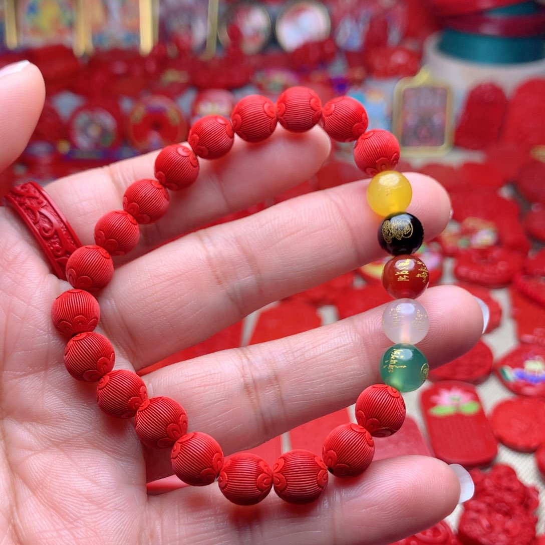 天然辰砂工艺品朱砂五路财神手串