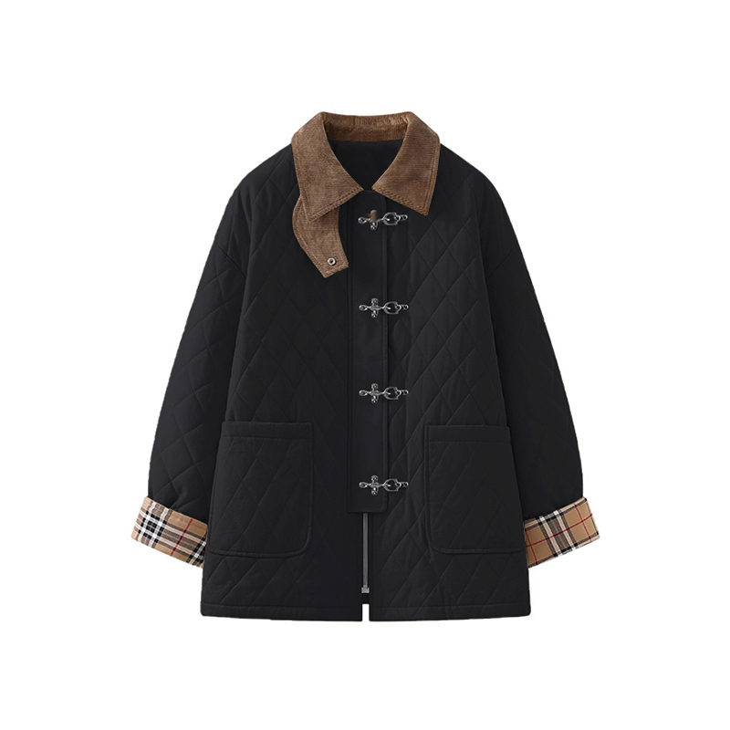 春季新款灯芯绒翻领拼接菱格加厚棉服外套女