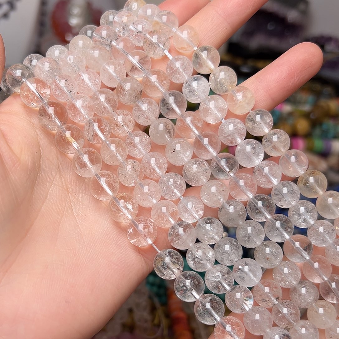 玛瑙/玉髓合金珠宝半成品C366。10mm天然白水晶圆珠一条