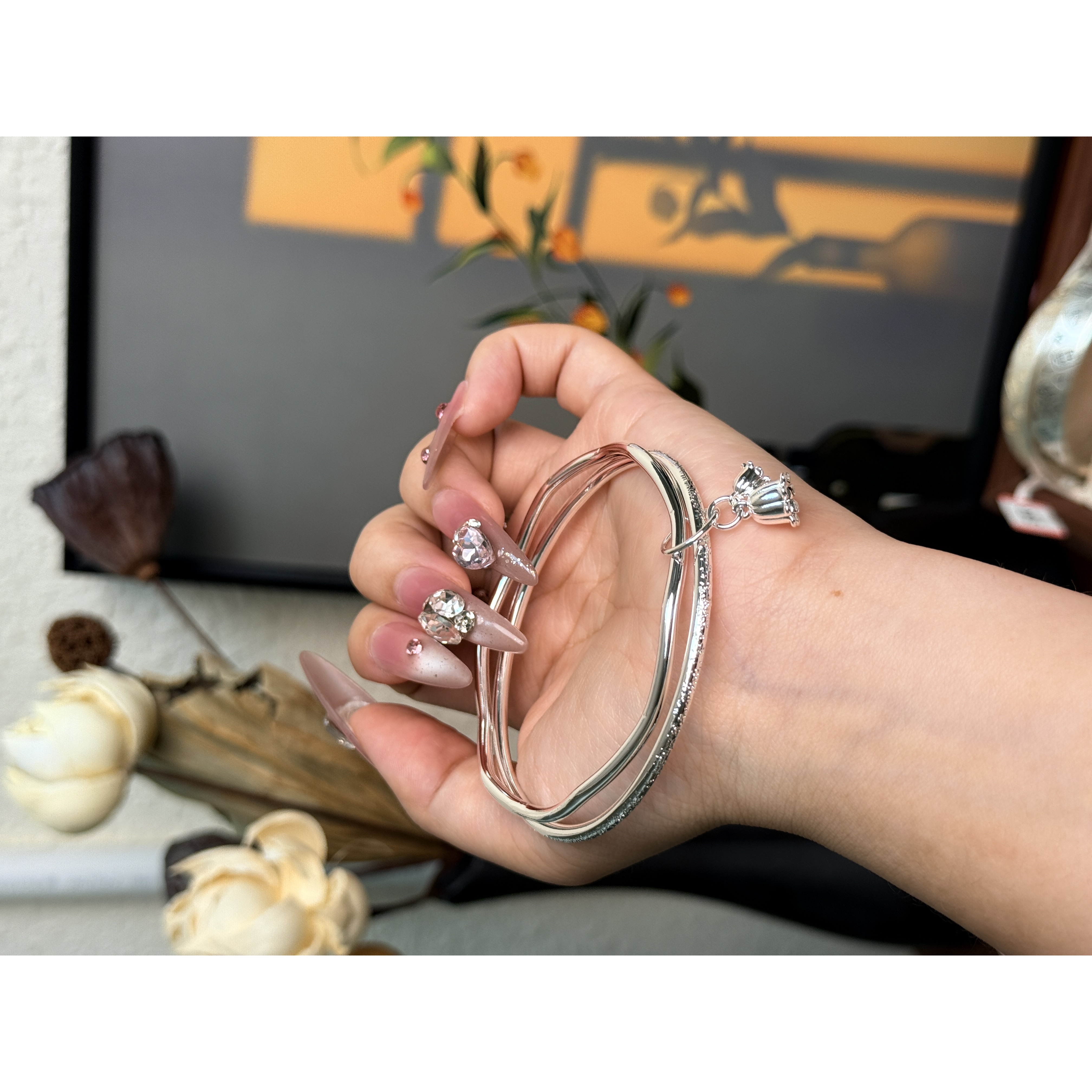 足银手镯 足银999.9双环铃兰花手镯 S268