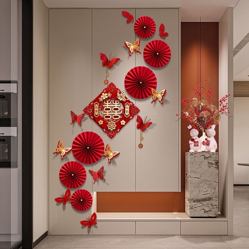 婚房布置男方结婚新房客厅玄关装饰婚礼房间高级感背景墙拉花套装