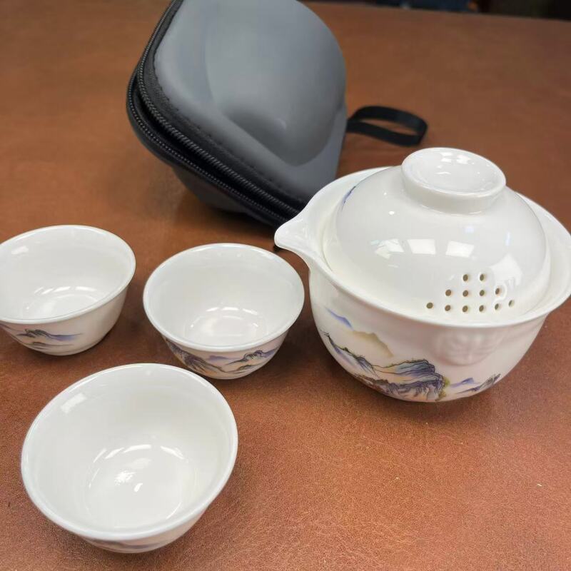 羊脂玉瓷快客壶+3杯旅行包（山水）灰皮包-4633