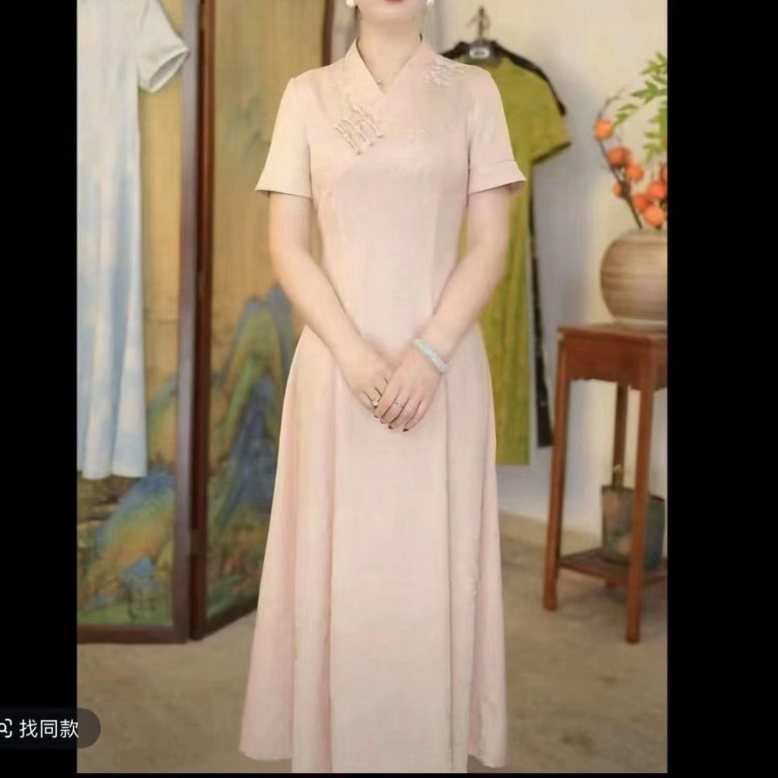 旗袍裙V领汉服领新中式中国风薄款旗袍提花