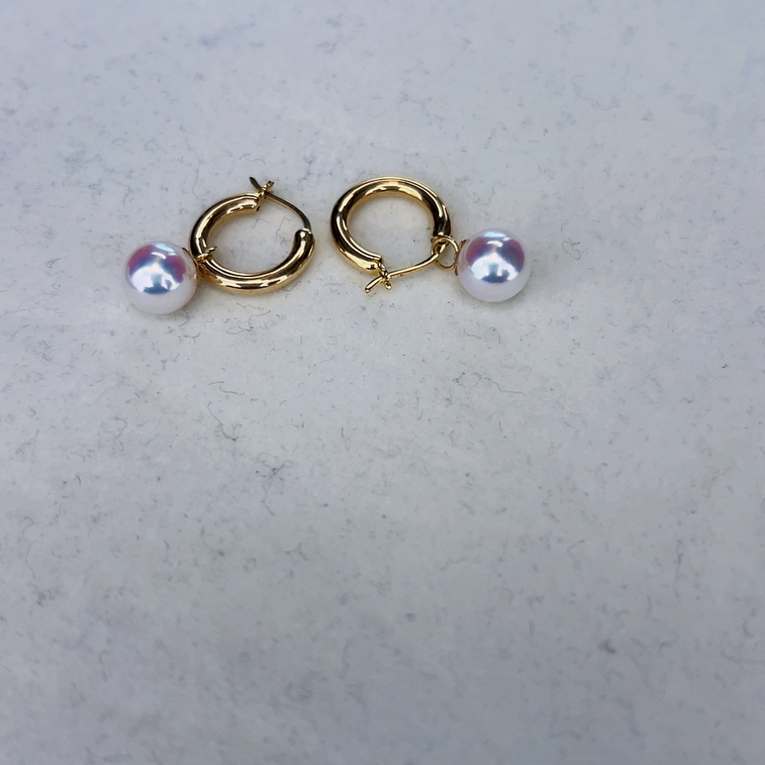 海水珍珠海水akoya许红豆耳扣7.5-8mm18K金镶嵌