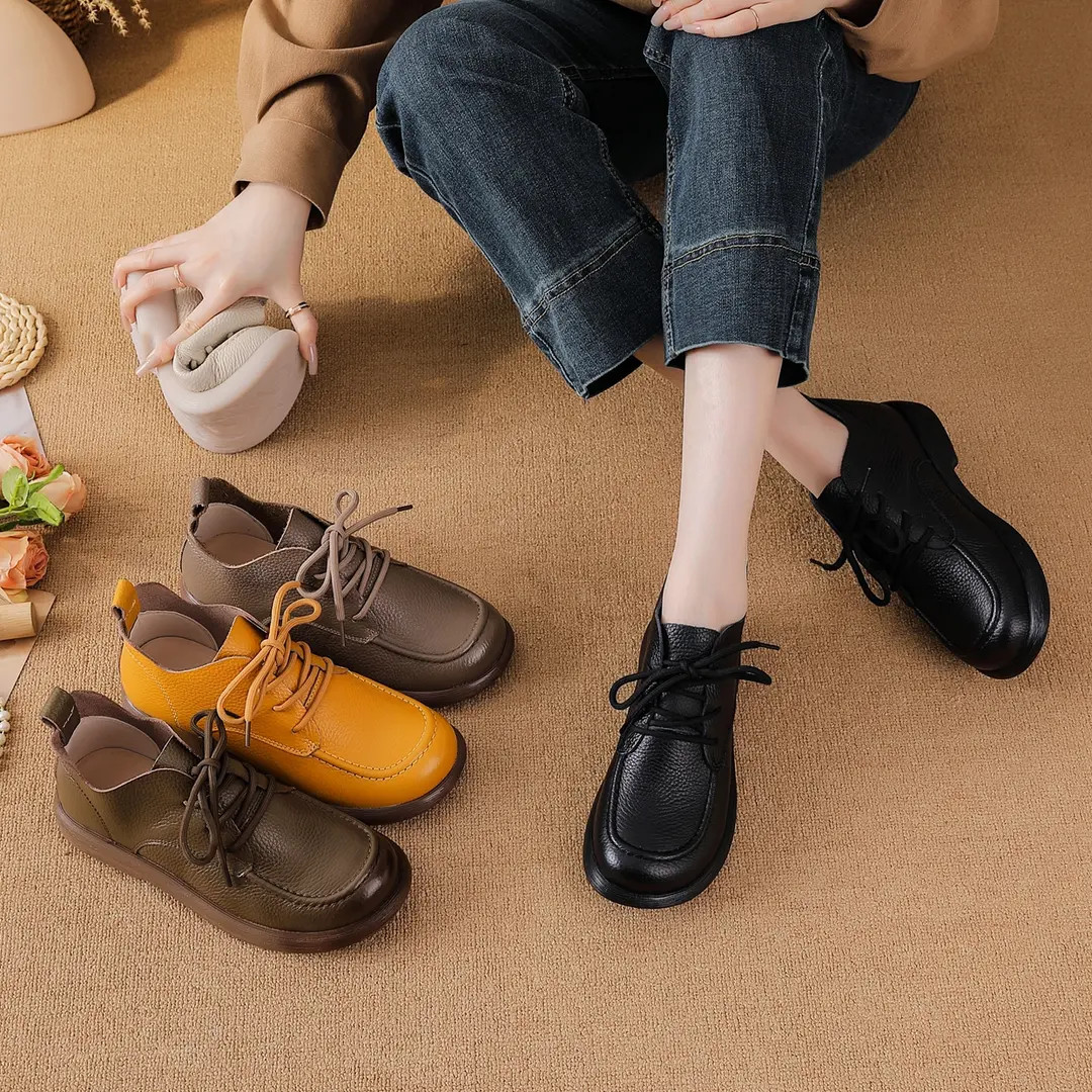 头层牛皮羊毛靴平底圆头系带防滑秋冬时尚百搭短靴加绒保暖妈妈鞋