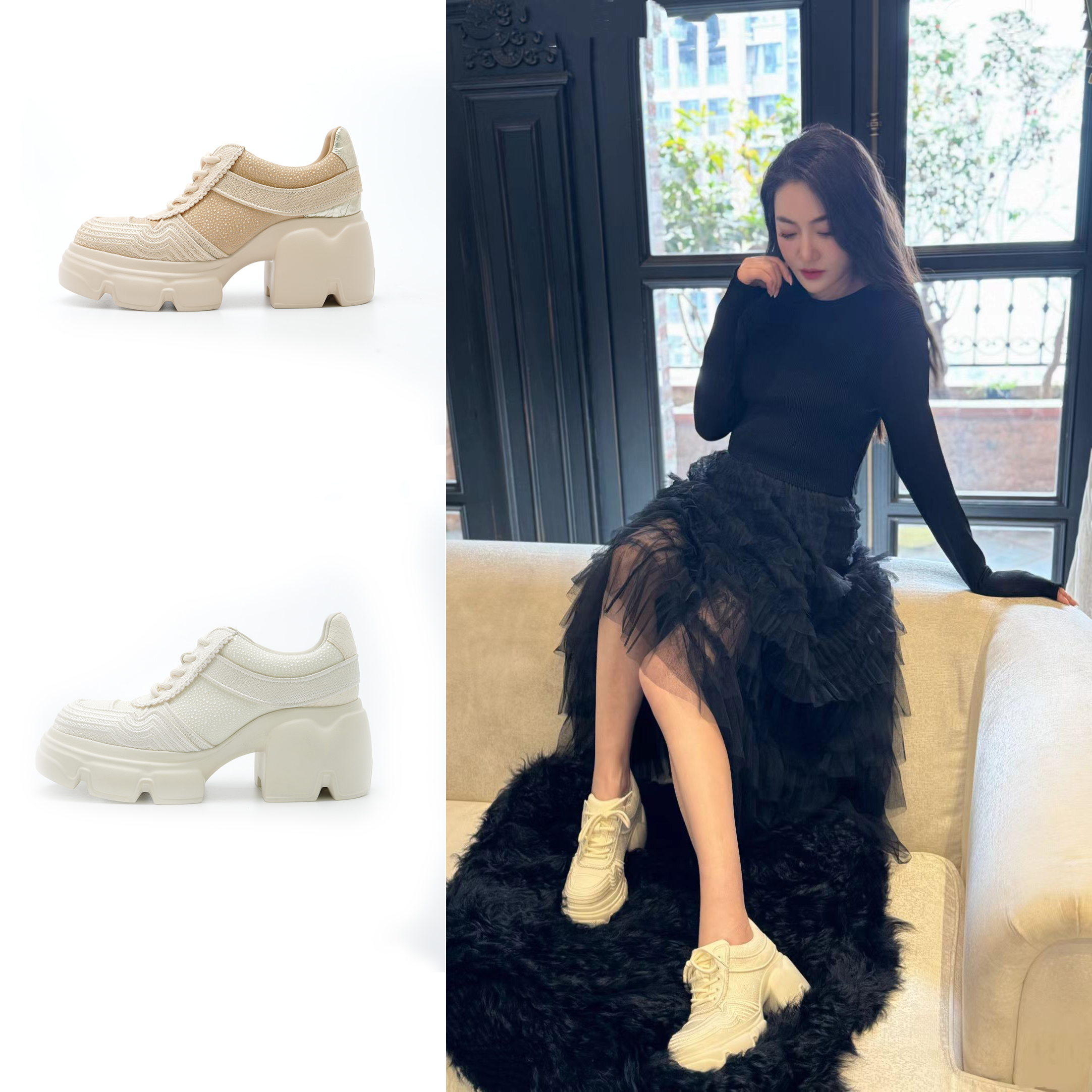 SIOIOIK/素卡欧若风穿搭春日时尚系带粗跟百搭厚底高跟圆头女鞋