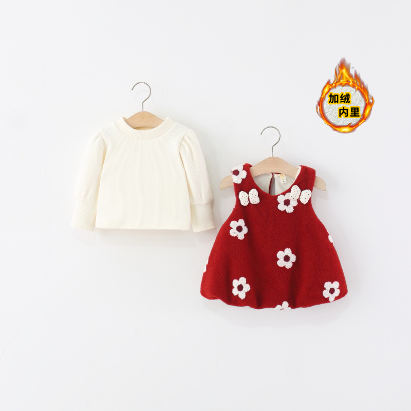 童装女童裙套装秋冬季儿童女宝宝花朵毛呢公主背心裙子两件套加绒