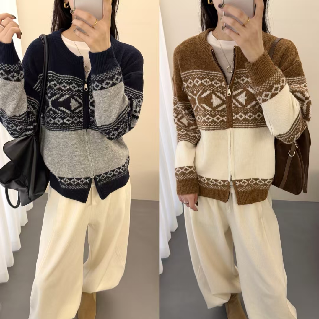 【加厚原版1100克！】004双拉链拼色开衫不起球长袖针织立领毛针织衫