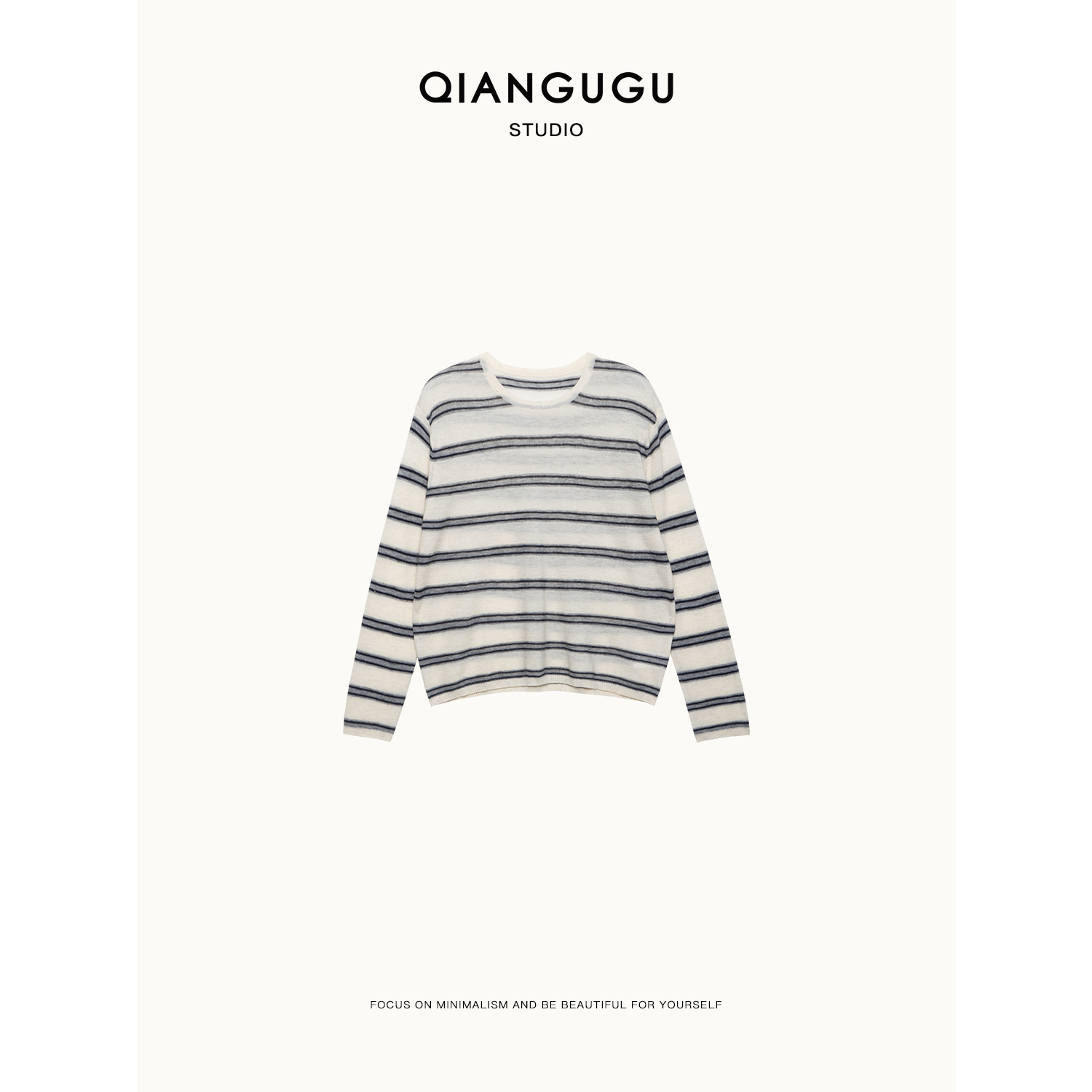 钱谷谷 松弛感圆领撞色条纹宽松长袖绵羊毛针织上衣 Q25030221