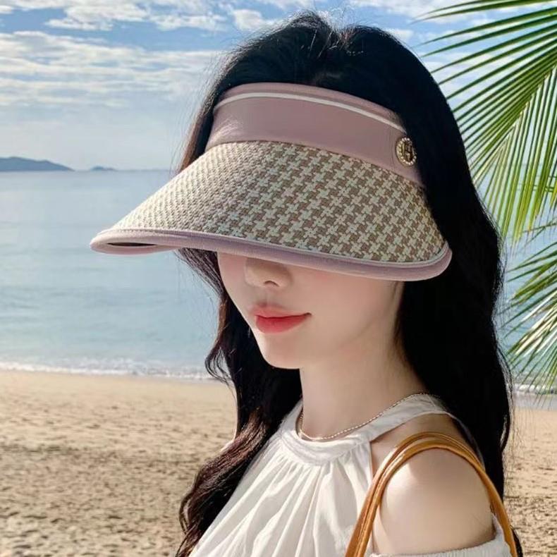 新款女士千鸟格空顶防紫外线遮阳草帽户外出行适用的太阳帽时