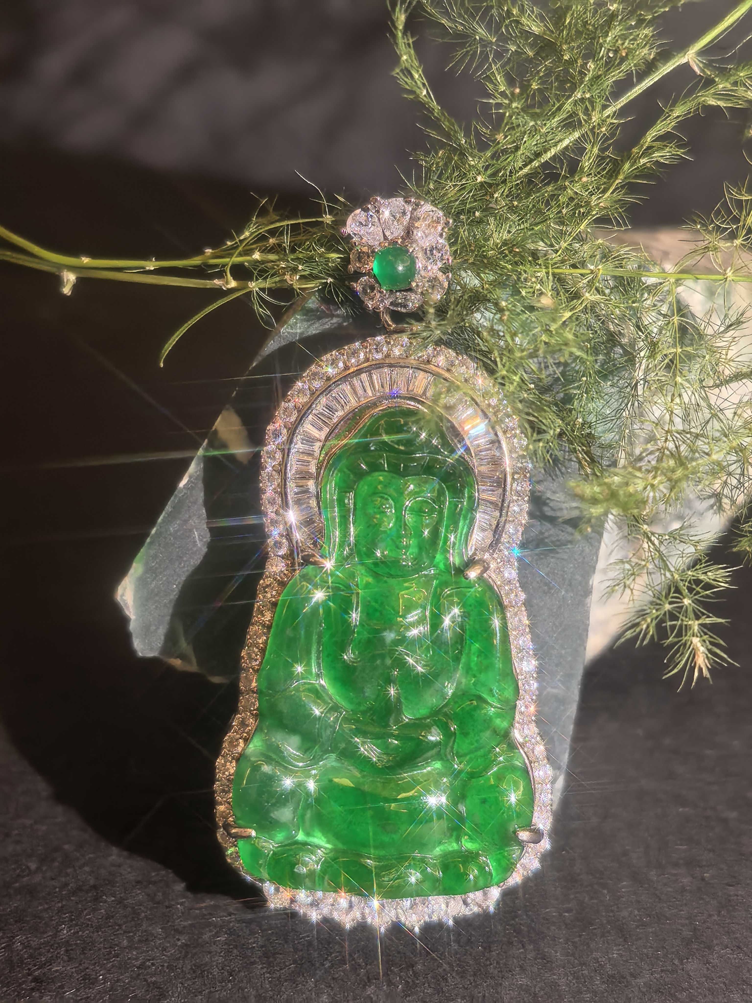 【观自在】天然翡翠A货阳绿观音吊坠，大号