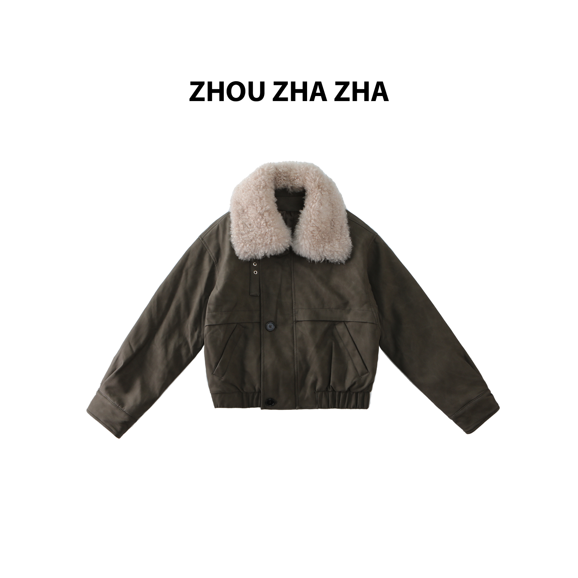 【周炸炸】羊毛领可拆卸 复工工装短款皮质夹克棉服外套#541256