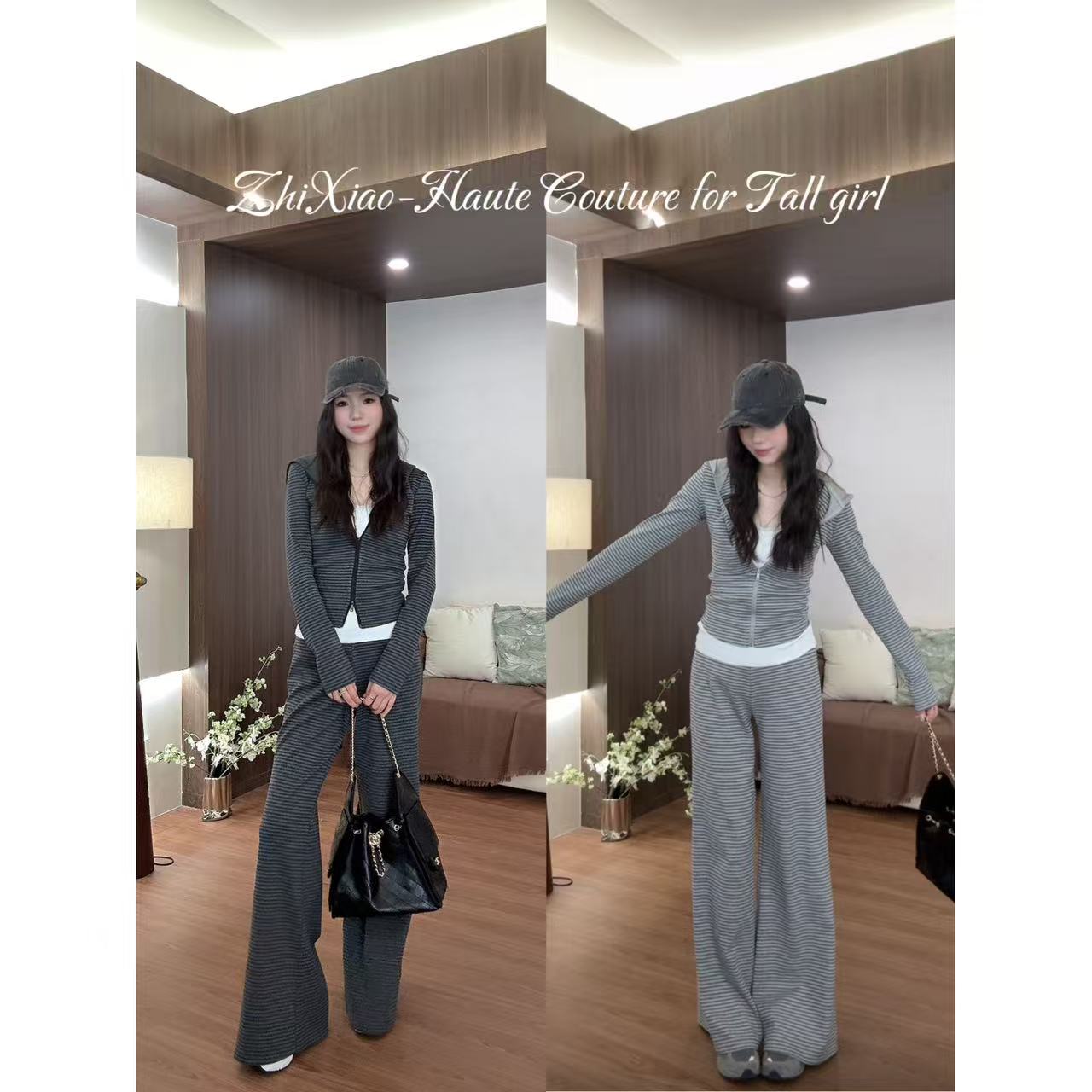 48H【慵懒周末outfit】条纹修身正肩连帽卫衣+高腰条纹裤套装25074