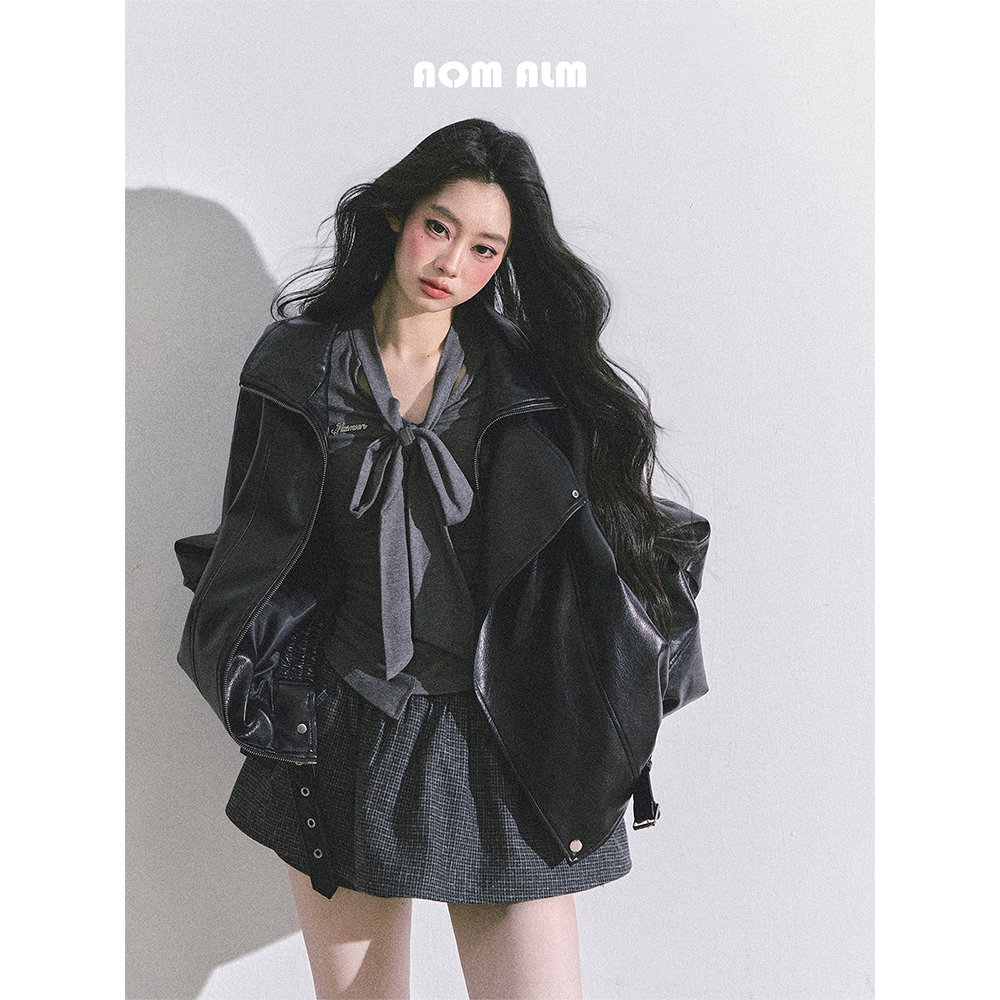 AOMALM少也眼"黑道千金"%美式酷飒风机车pu皮衣外套女秋夹克上衣