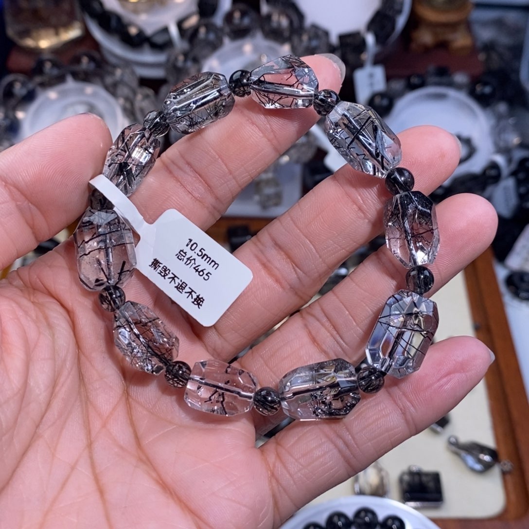 水晶手链未镶嵌黑发晶全透体满发蕾丝随型设计款10.5mm