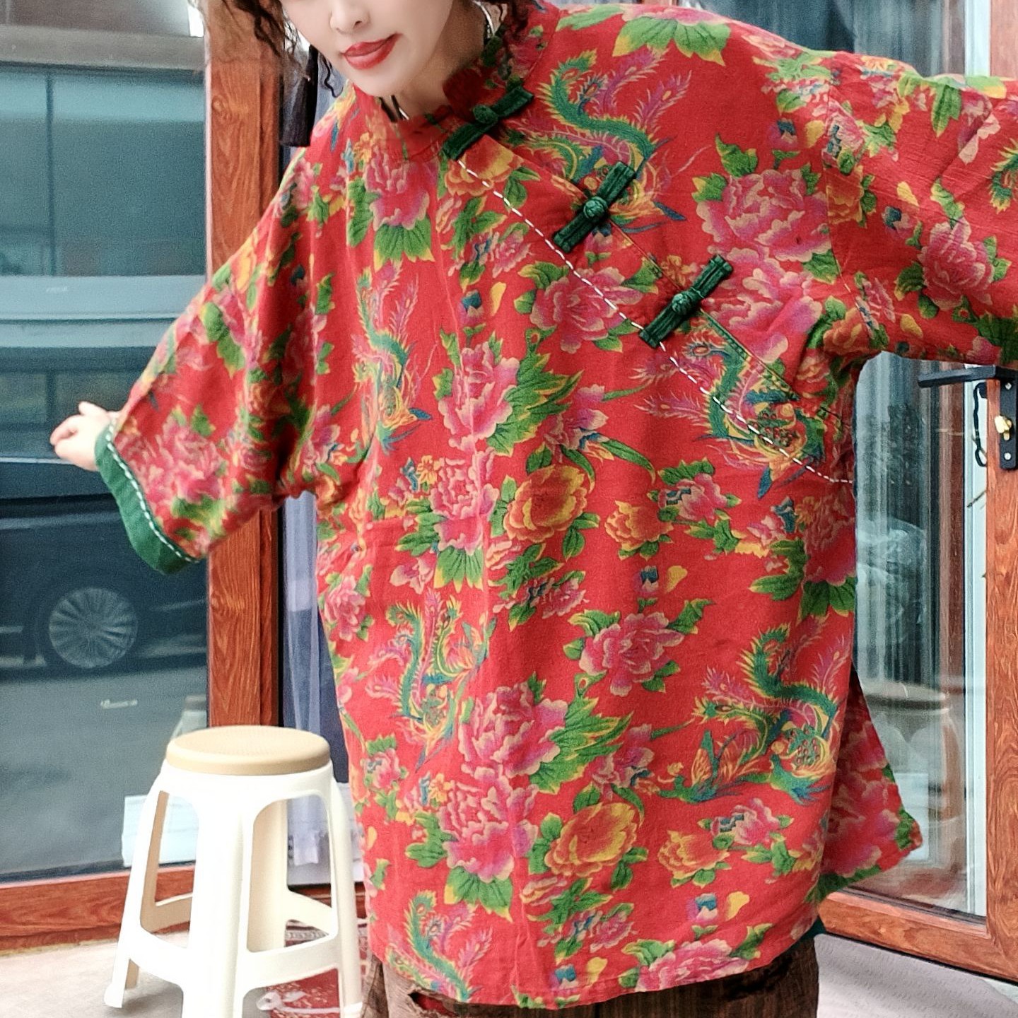 无吊牌红花双层做旧侧扣宽松版大衫