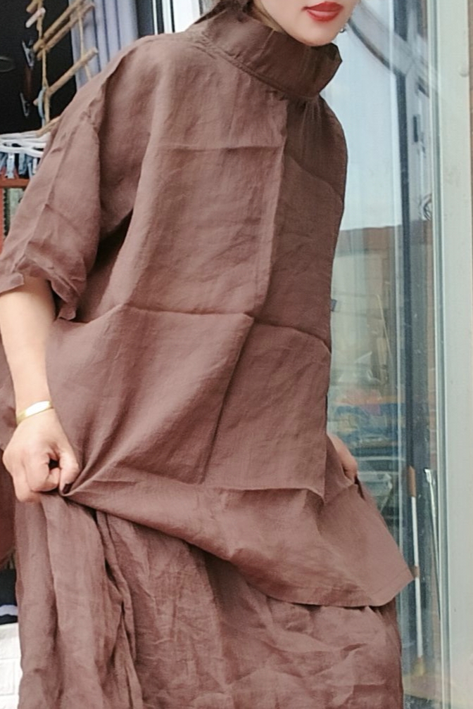 无吊牌砂洗做旧半高领宽松开叉麻衫