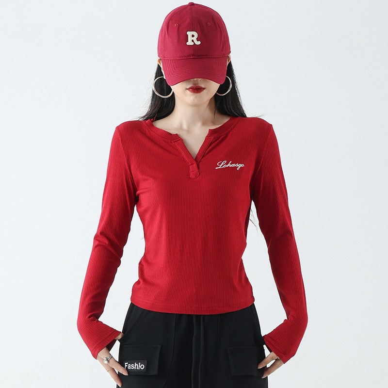 2025春秋长袖小V领透气休闲健身T恤女款跑步跳操百搭修身运动上衣