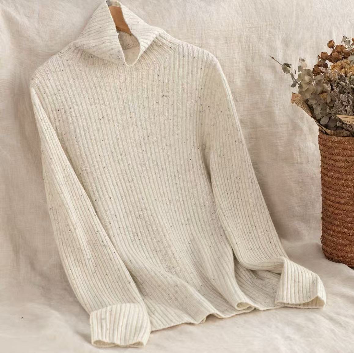 坑条高领长袖针织衫花纱100%美丽诺羊毛毛衣无缝一体百搭套头