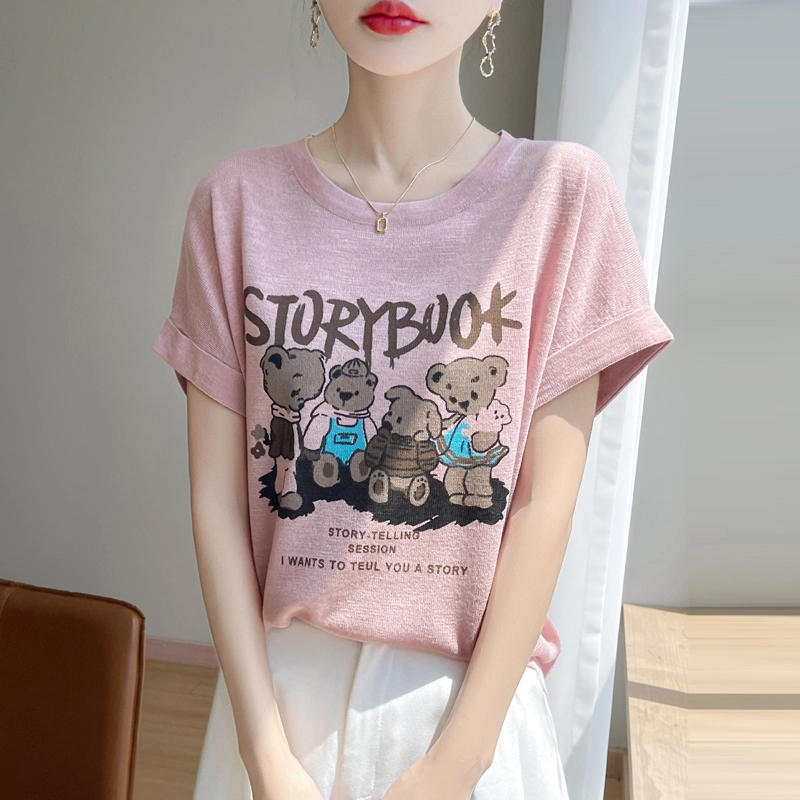 夏季新款竹节麻四只小熊短袖时尚百搭宽松设计感显瘦针织衫洋气