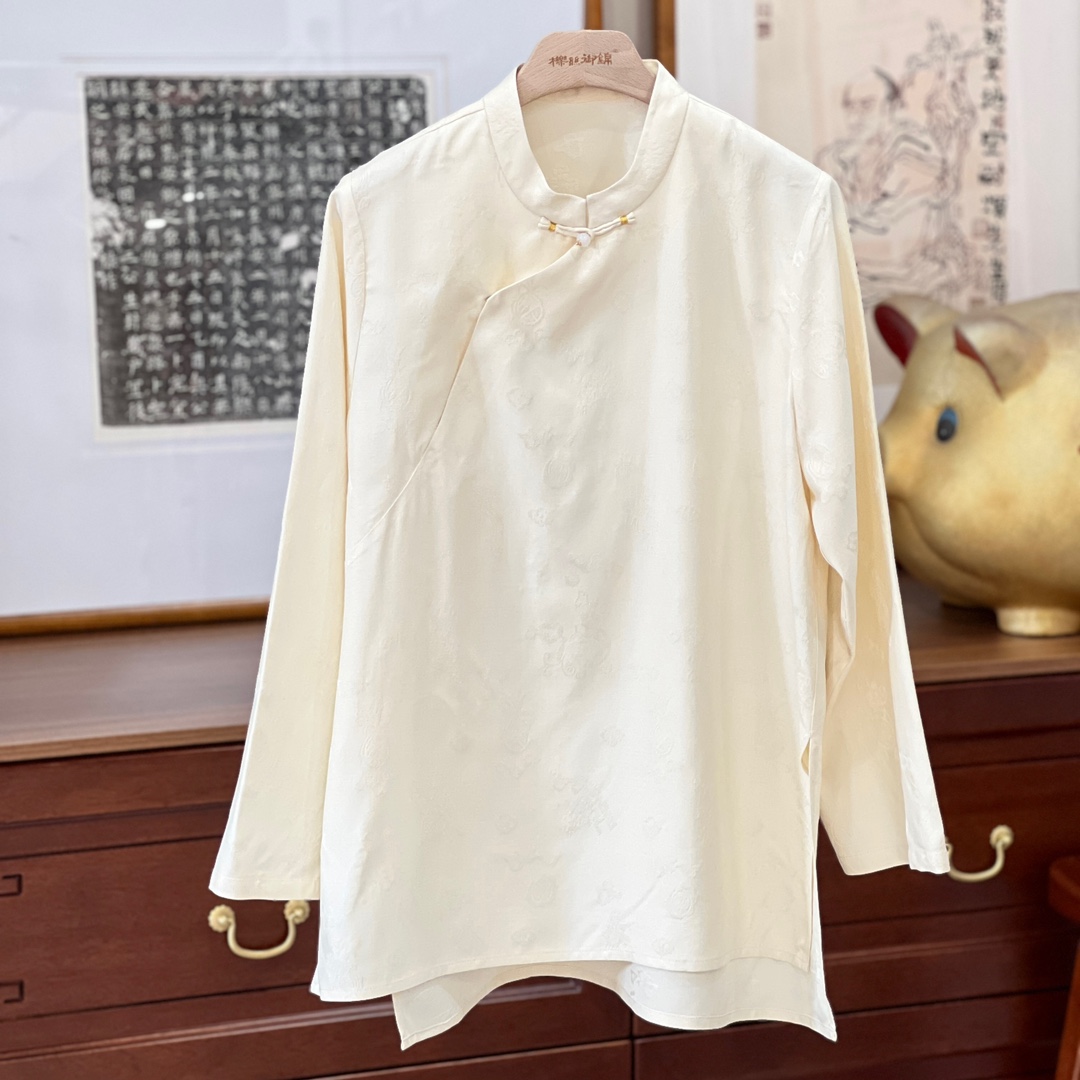 櫟丝御锦柞蚕丝女士上衣立领中国风文艺斜襟提花衬衫 L24R50WH