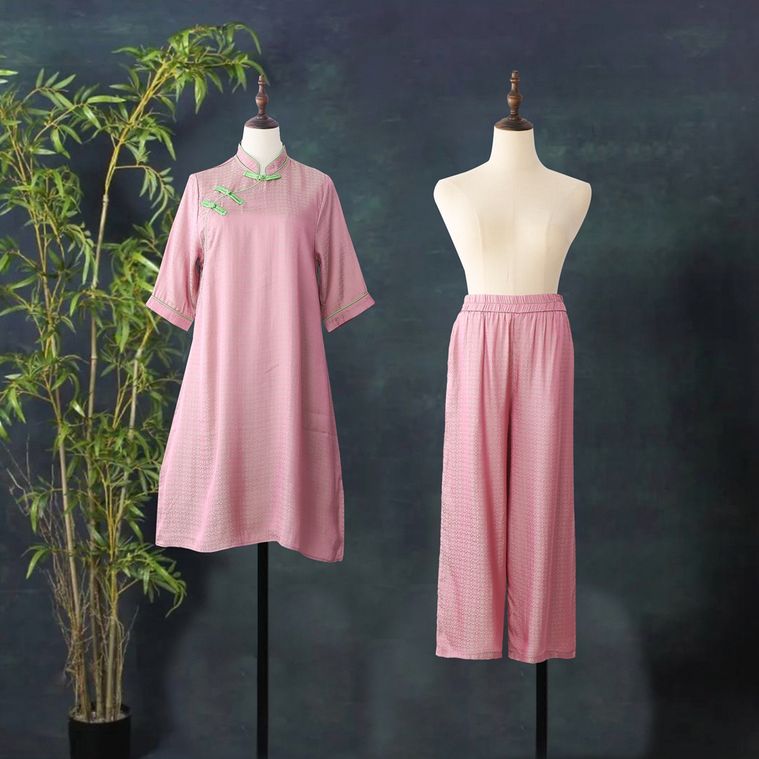 新中式拜年服汉服110-冰冰同款秋季新款 国风粉色提花盘扣复古