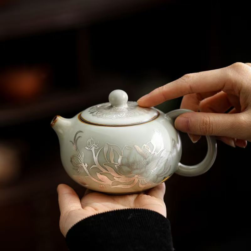 汝窑鎏银荷韵西施壶开片可养家用单壶功夫茶具泡茶壶g3091